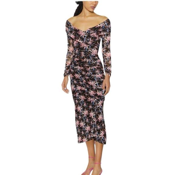 Diane Von Furstenberg Floral Off the Shoulder Ruched Dress Black Size Medium - Picture 1 of 8